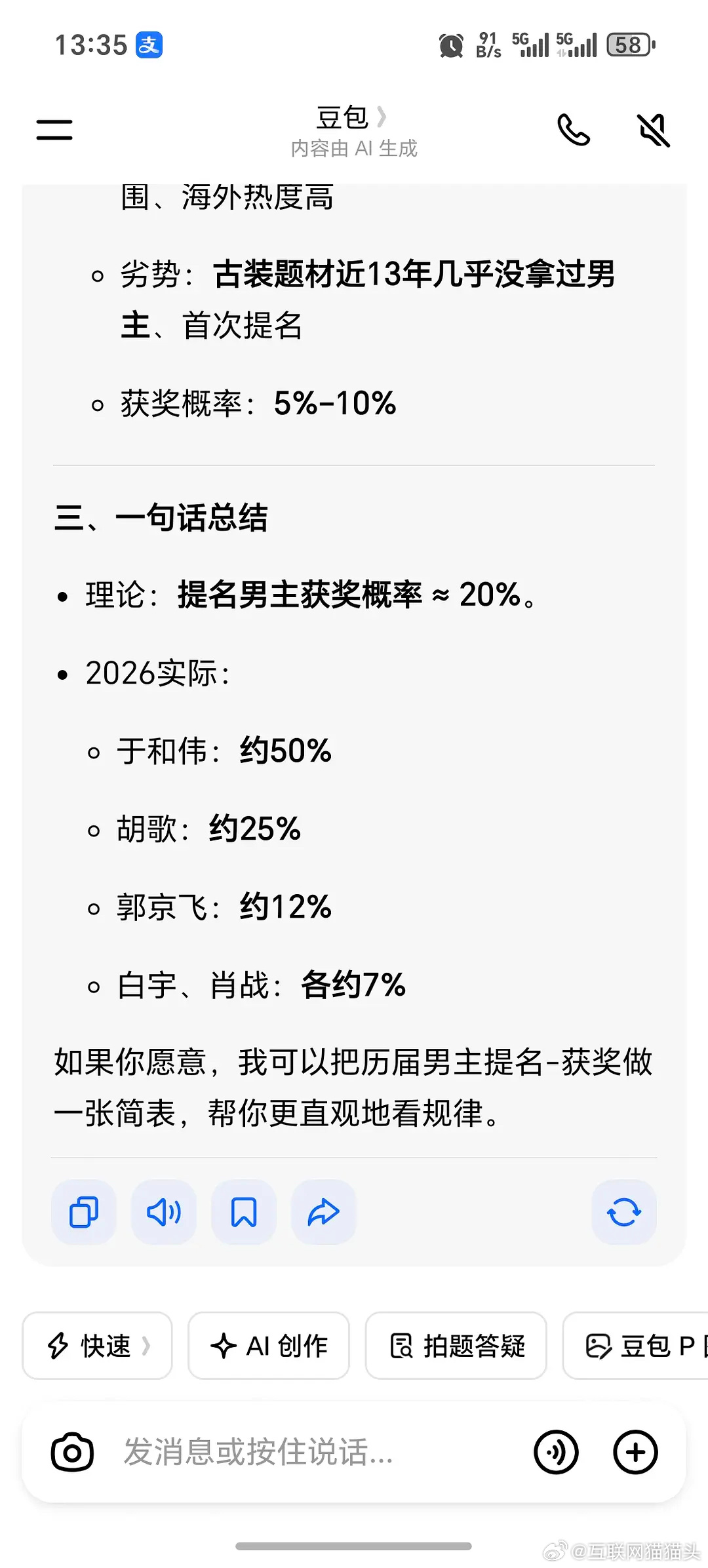 豆包预测拿奖概率：于和伟50% 杨紫45%你别说还真有可能 