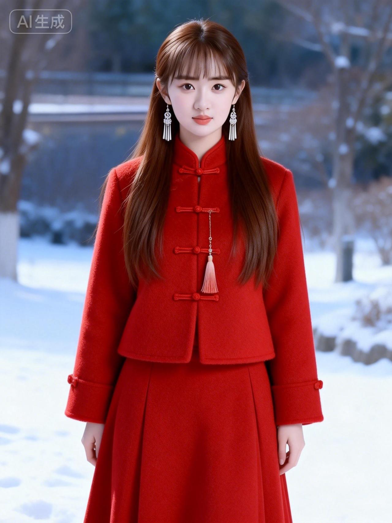 红衣映雪，美人如画。