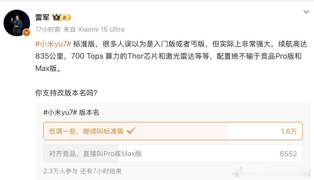 雷军问是否支持YU7改版本名，先看一下投票人数，支持不改的人数达到了1.6万，支
