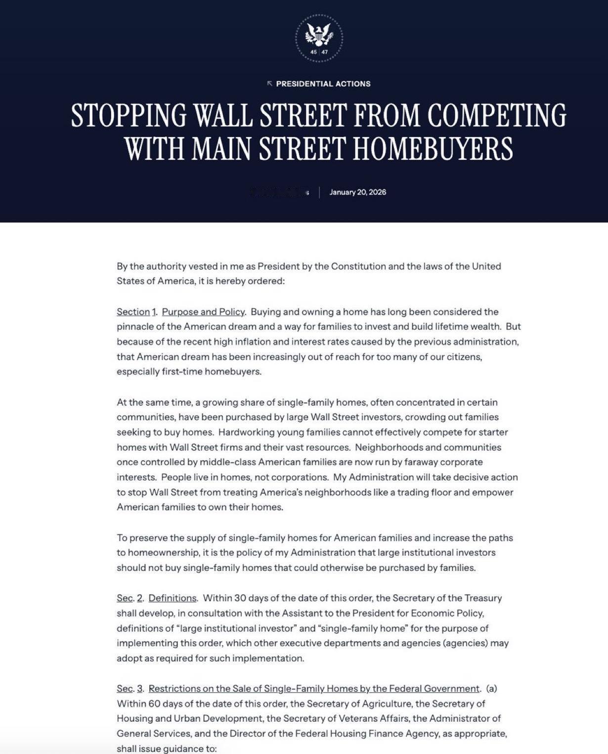 特朗普刚刚发布了一项新的行政命令，试图禁止机构投资者购买独栋住宅。

以下是白宫