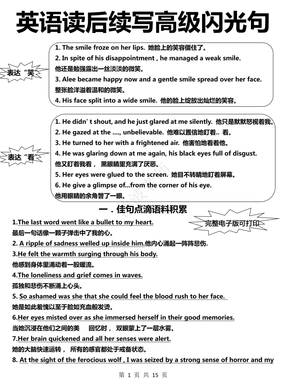 英语读后续写闪光句！高级！背会直接默写！