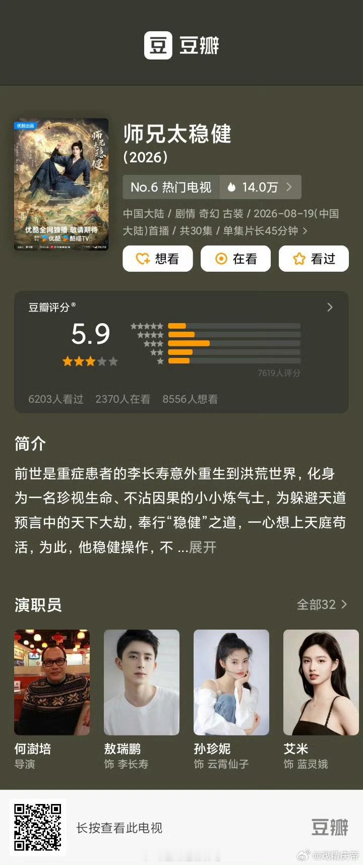 师兄太稳健豆瓣开分5.9…才7000多人打分 ​​​师兄太稳健豆瓣这么早就开分了