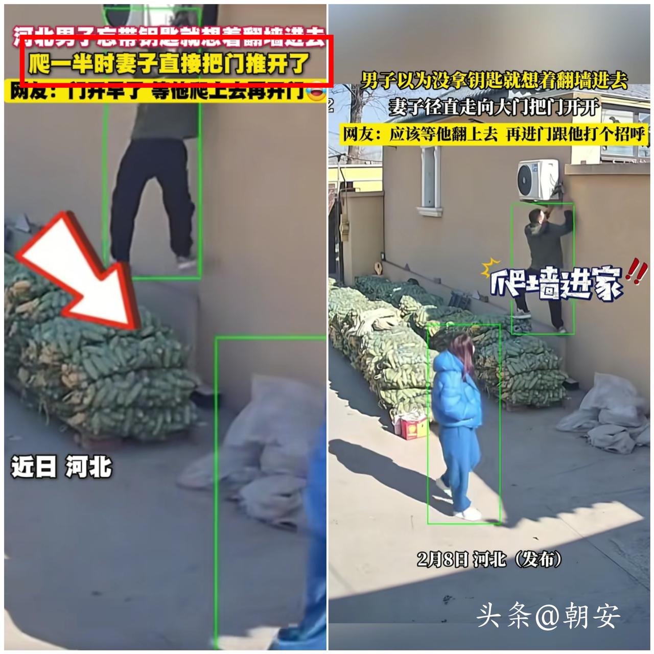 笑翻了！

河北一男子回家忘带钥匙，当场化身“翻墙高手”，刚爬上墙，妻子淡定掏出