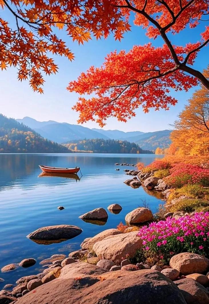 秋日湖畔，红叶点缀，小舟悠然，静享自然之美。🍁🚣‍♀️🌊秋日湖畔美景！ 如