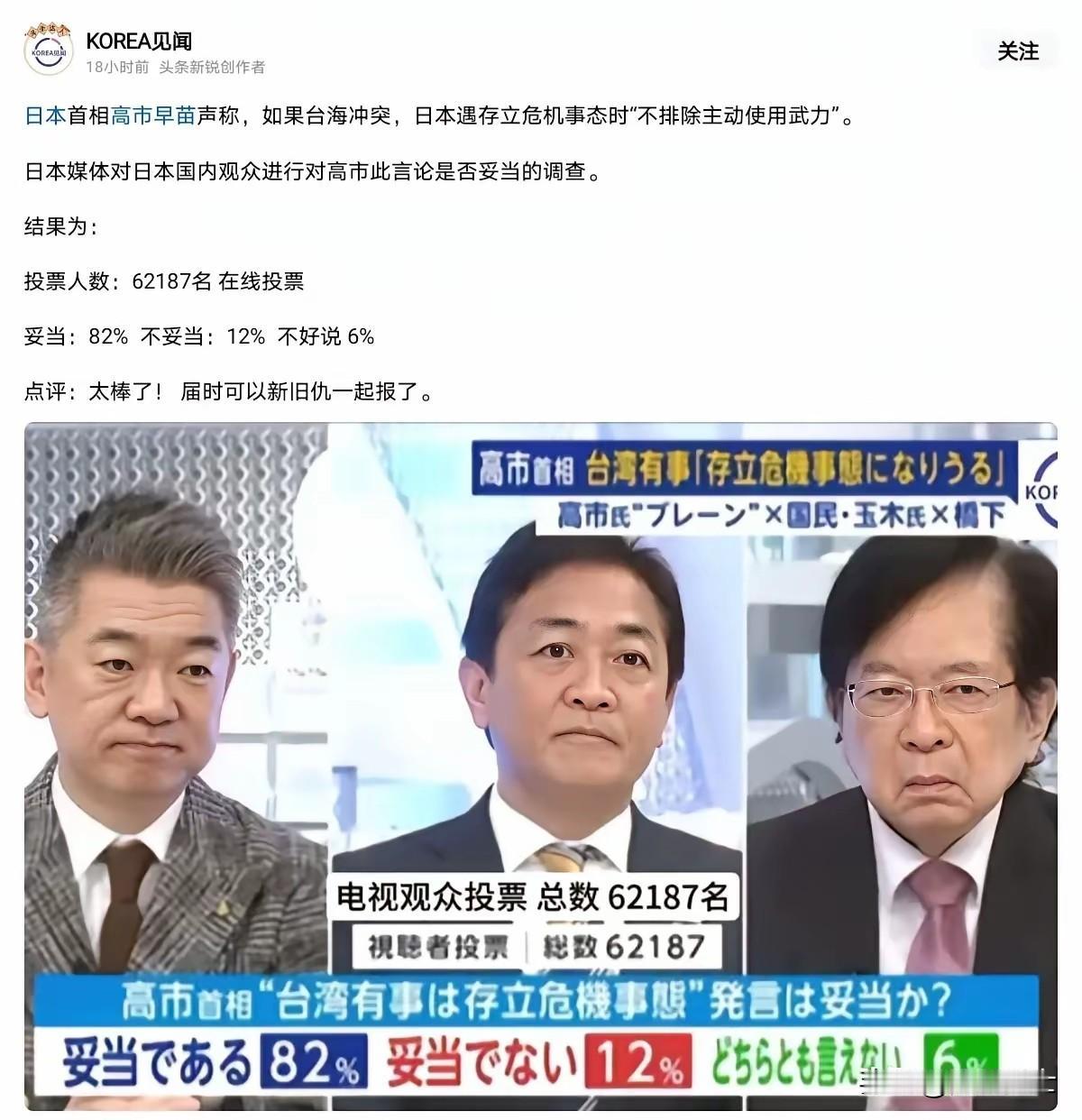 网传图片为日本媒体发布的日本国民对日本女首相高市早苗言论是否妥当的网络调查，共有
