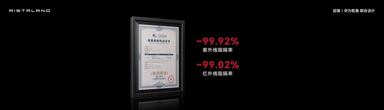 启境GT7座舱空气管控标准达国标四倍，内饰接触面采用百余款母婴级原料，搭载除醛晶
