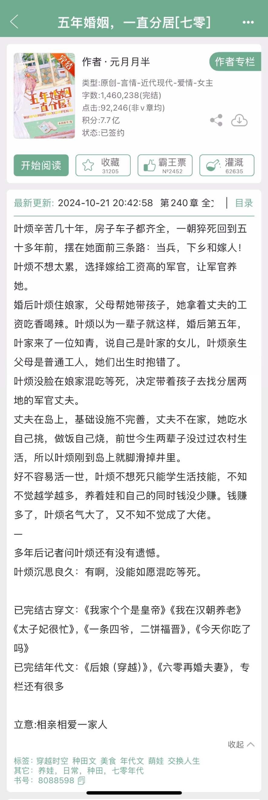 两本新完结的年代文，看过的姐妹来反馈一下~1.《五年婚姻，一直分居[七零]》元月