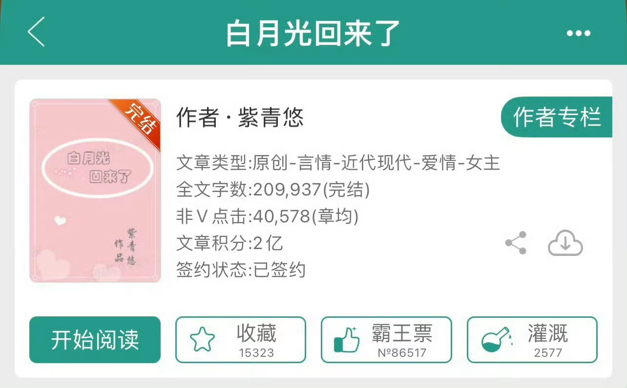 小说推荐：《白月光回来了》 作者:紫青悠简评：洒脱果断女主vs心机绿茶男主，暗恋