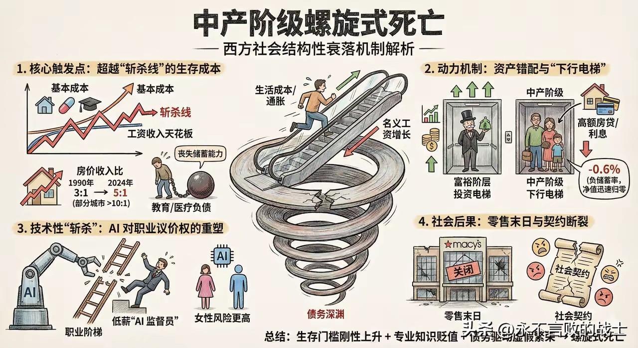 最近，“美国中产斩杀线”这个词刷屏了网络。它描述了一种令人不寒而栗的社会现象：在