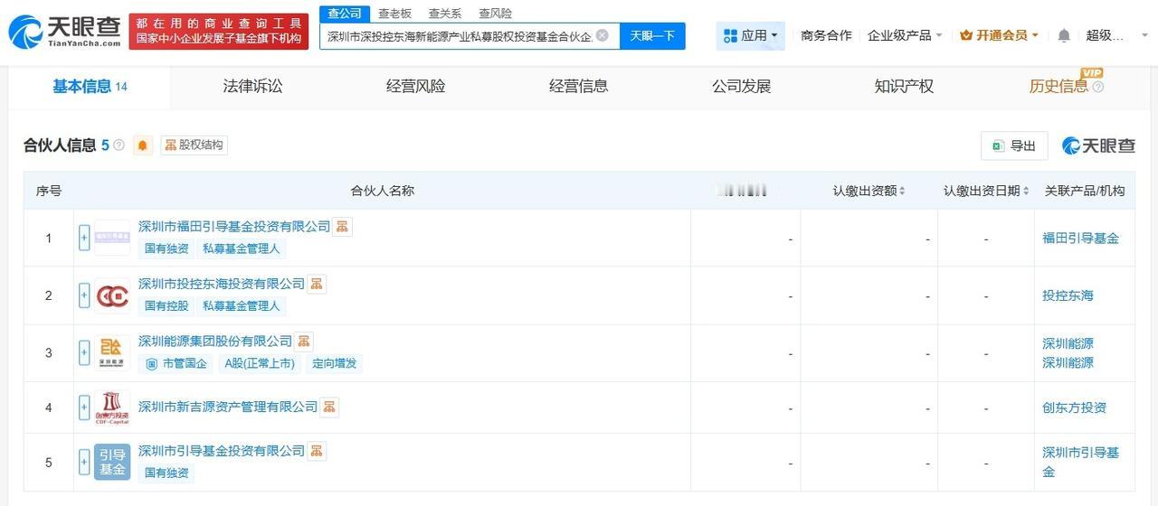 出资额10亿
天眼查工商信息显示，近日，深圳市深投控东海新能源产业私募股权投资基
