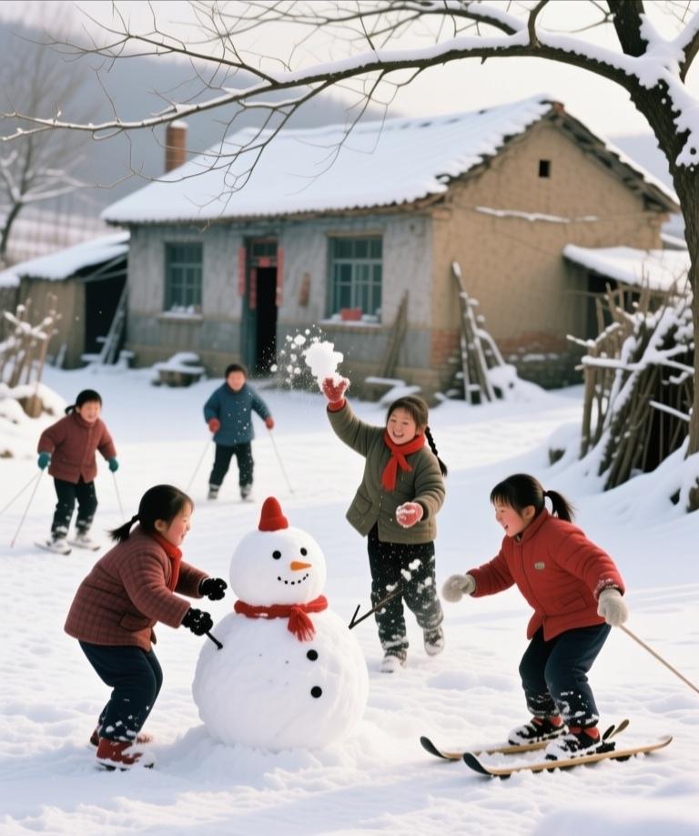 清晨，村子被一场大雪轻轻覆盖。屋顶、田野、柴垛全披上了银装，连那条通往学校的小路