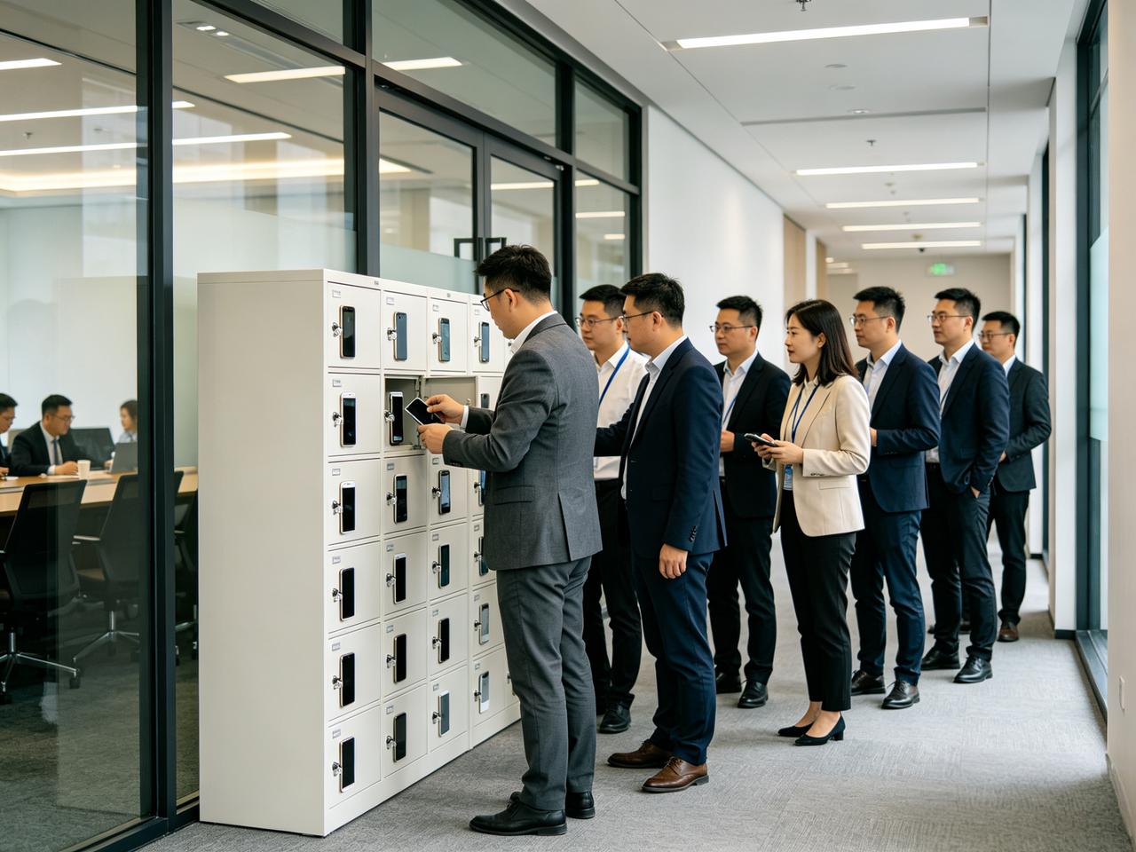 公司出了个新规定：开会一律不准带手机，违者一次罚200。

行政总监李总在全员大