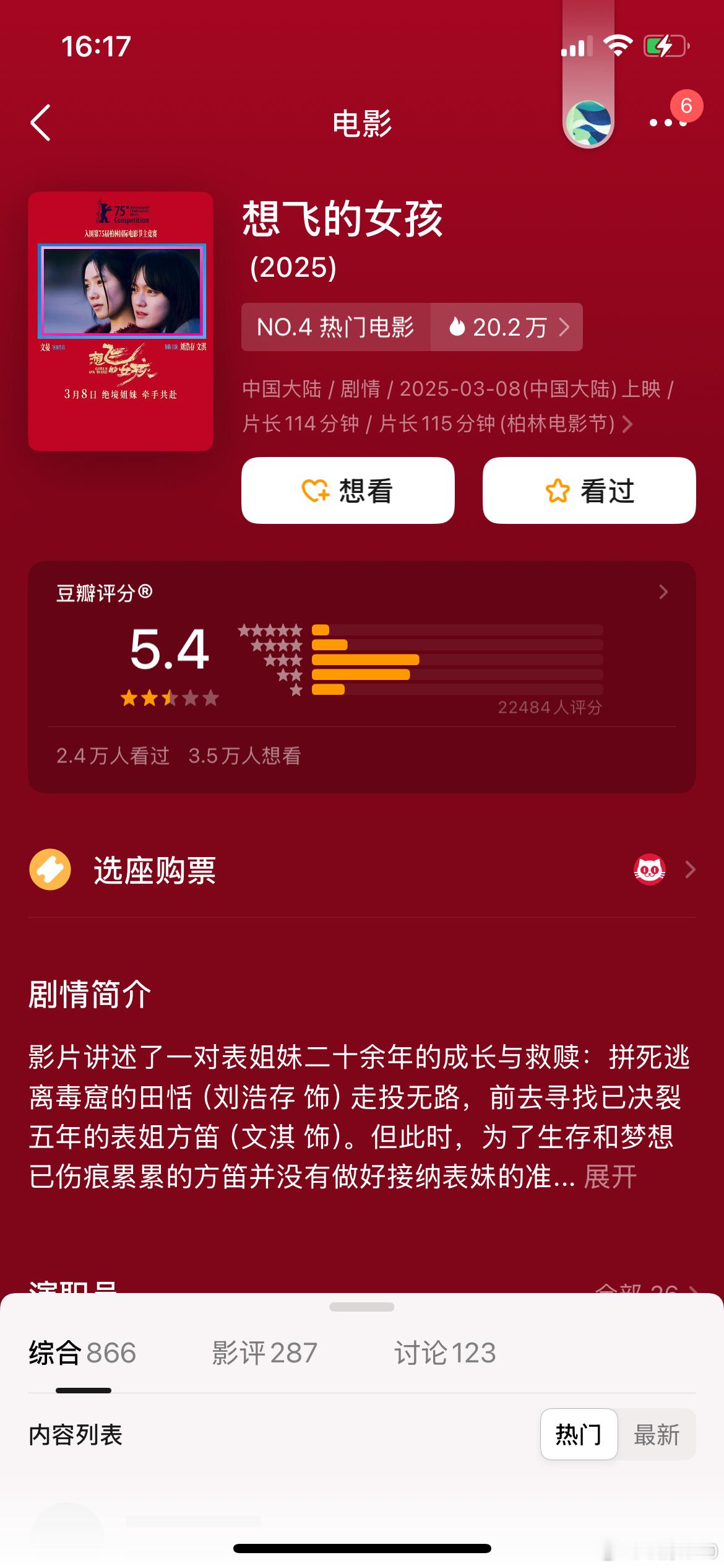 上周新片已经全部开分：《想飞的女孩》5.4分《天堂旅行团》5.5分《平原上的火焰