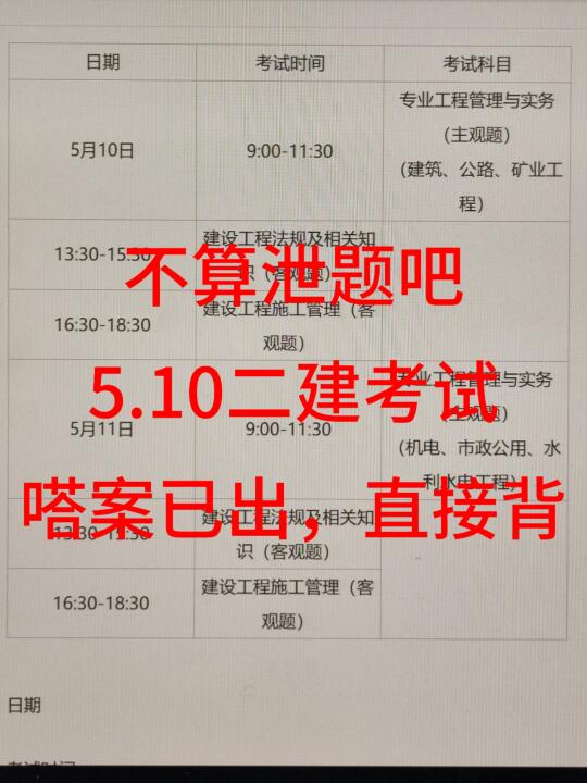 不算泄题吧，5.10二建就6套卷，直接背！！
