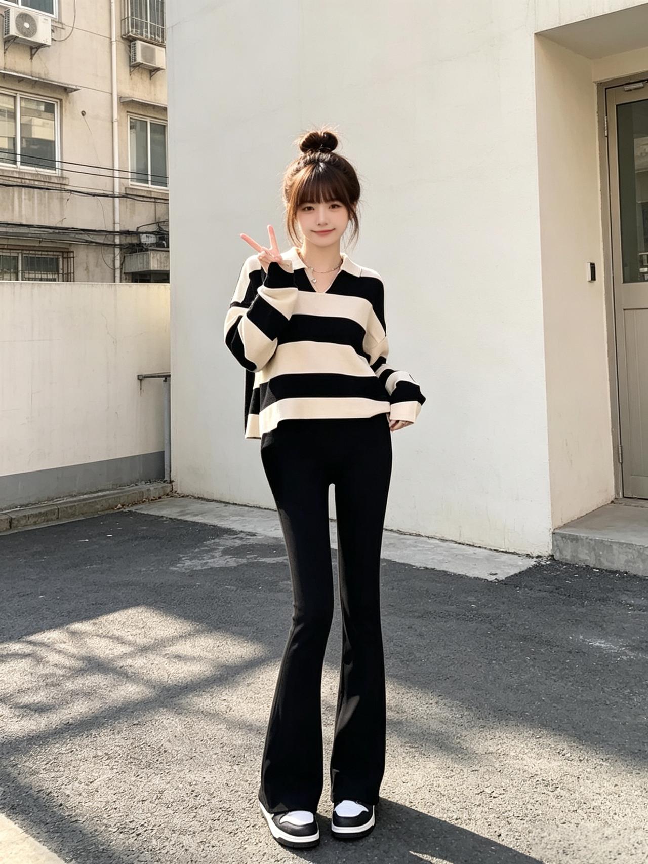 元气少女穿搭指南：黑白条纹毛衣+黑色喇叭裤，轻松耍酷！😎👗👖👟什么样的穿