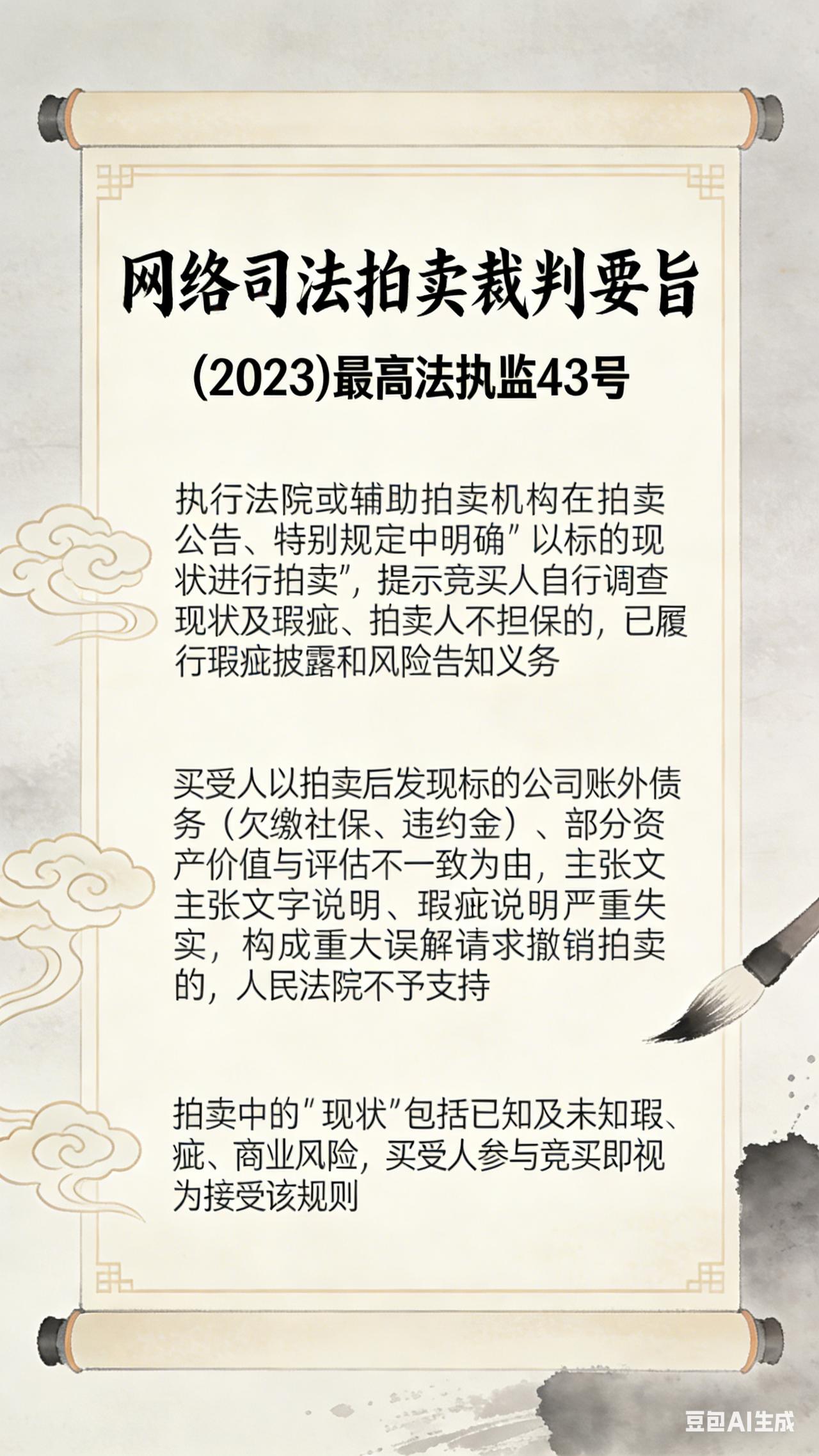 案号:(2023)最高法执监43号
裁判要旨:
在网络司法拍卖中，执行法院或辅助