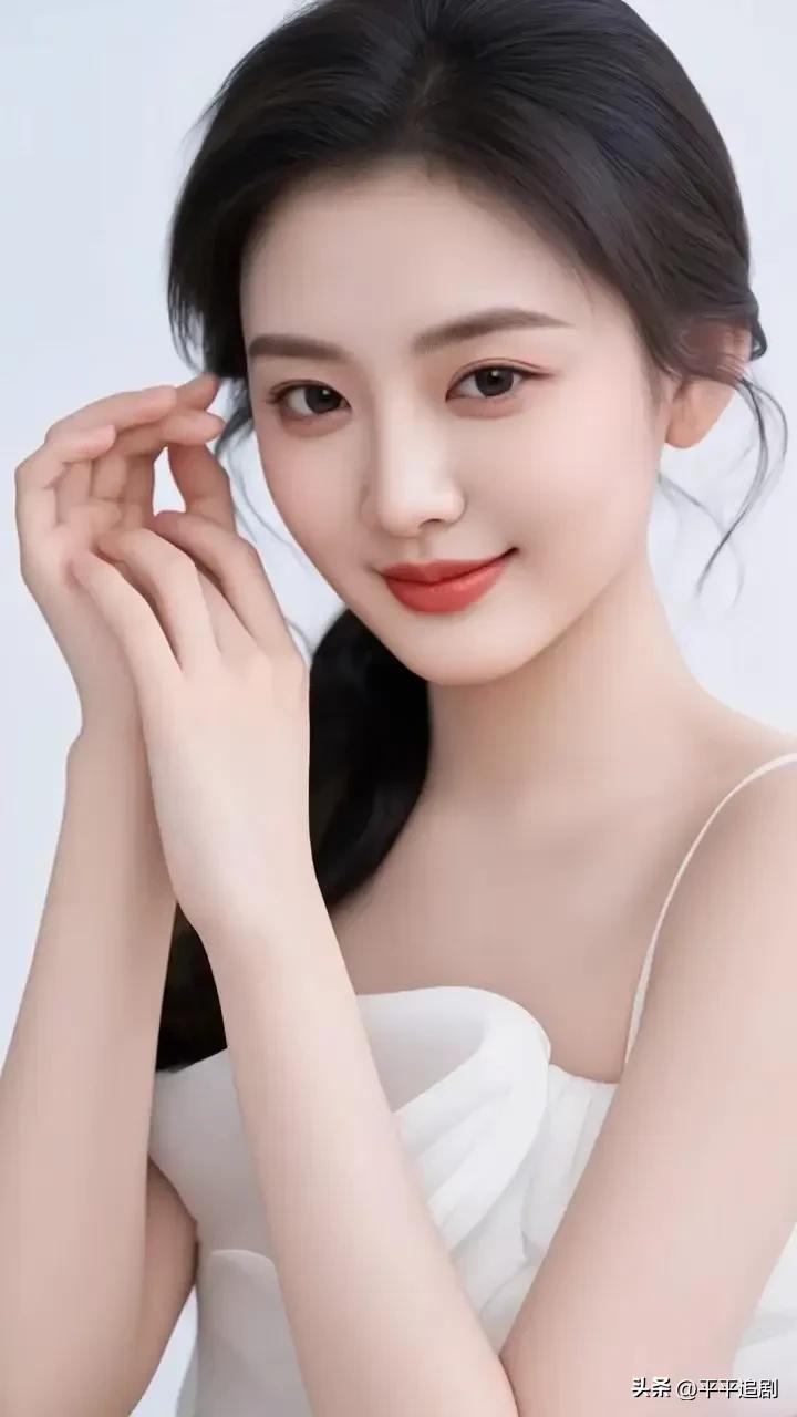 素衣映清颜，指尖轻拢温柔，
眉眼间藏着细碎星光，
一颦一笑，皆是岁月里最干净的温