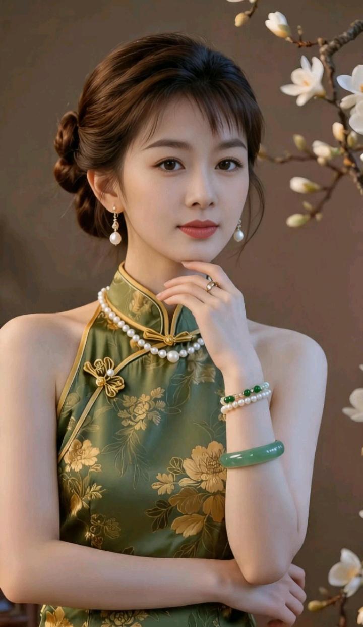 这位美女穿着绿色旗袍，手拿珍珠，优雅动人。中年女人最大的魅力是什么? 减龄中式旗