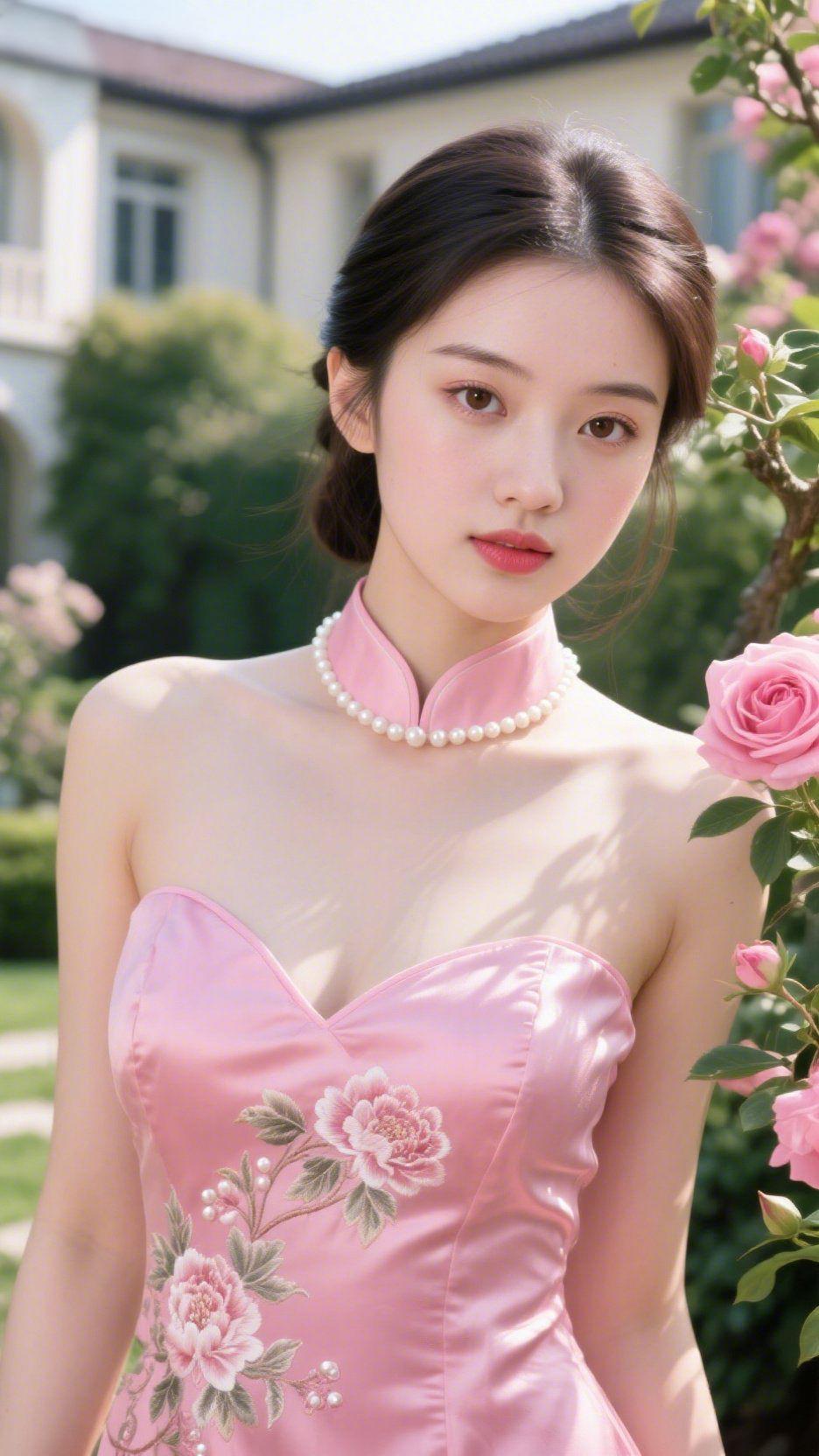 《粉襟里的春雅》
 
浅粉缎面裹着柔光，像把春日桃瓣织进衣料，领口珍珠串衬得颈线
