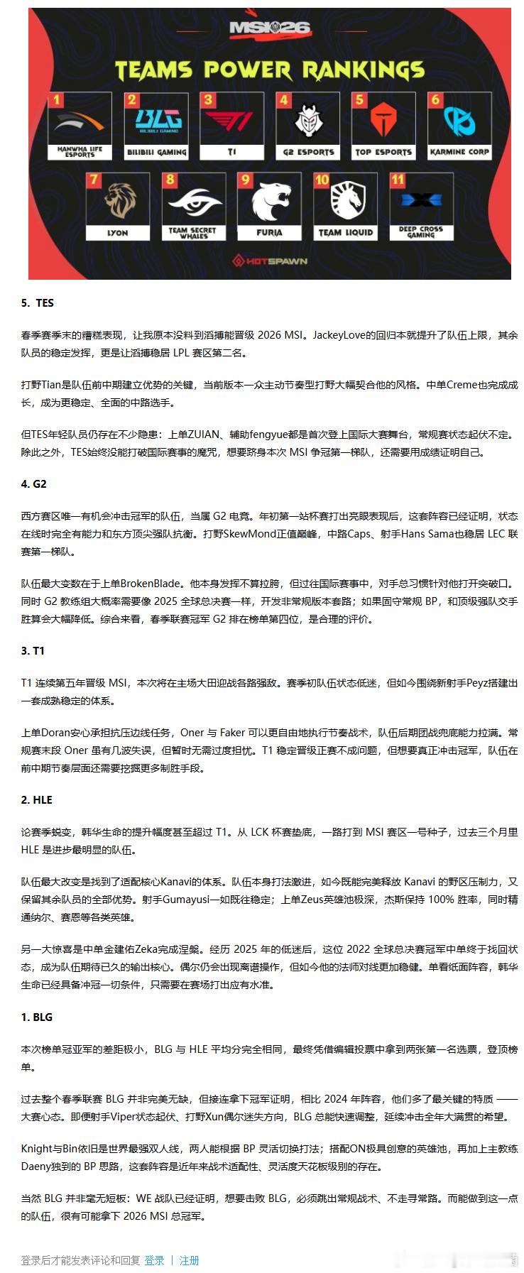 外媒评MSI战力榜权威么就在这评战力，LCK包揽前三，LPL只有BLG！MSI预