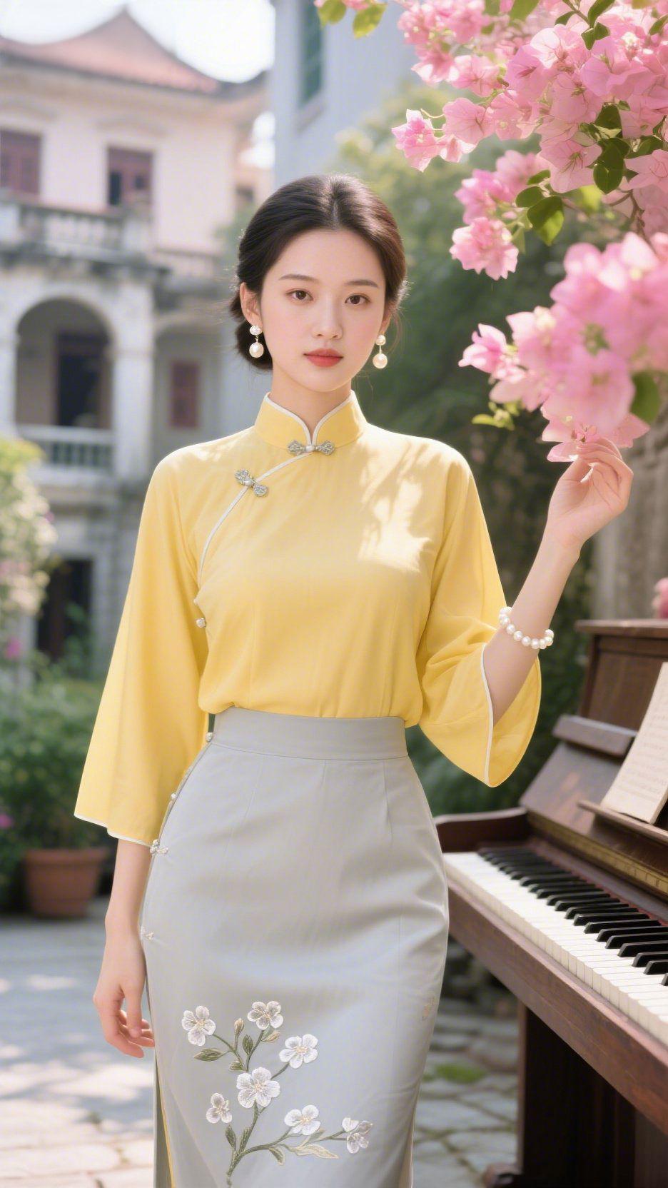 栀黄染清风
 
栀黄的中式衣衫，似揉进了暮春的暖阳，清浅的灰裙绣着素白花枝，与庭
