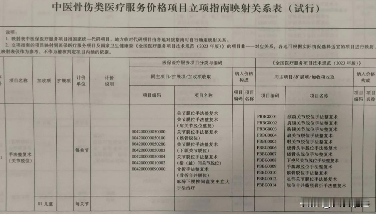 中医骨伤类医疗服务项目价格立项指南映射关系表（试行）