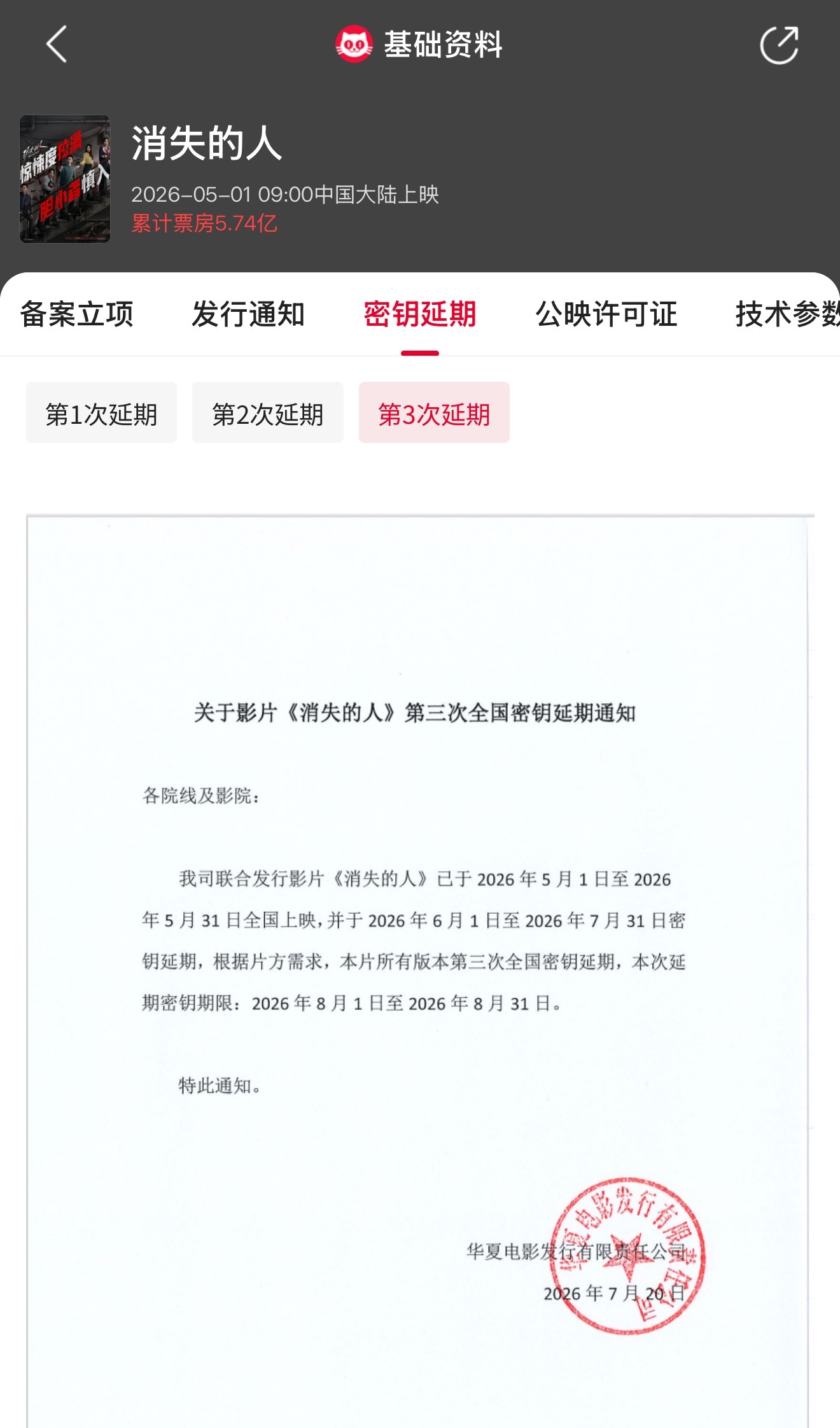 消失的人延长上映至8月31日   电影《消失的人》官宣密钥延期，延长上映至8月3