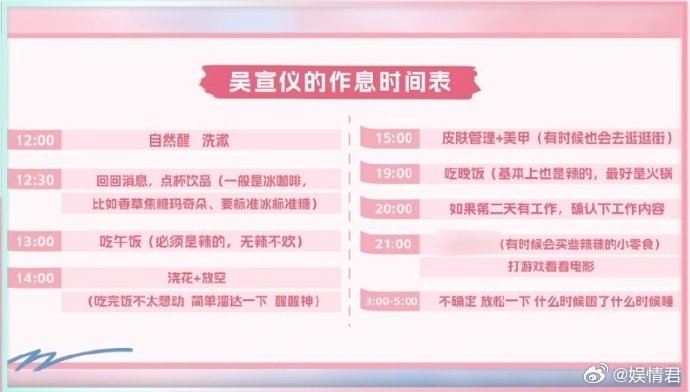 吴宣仪作息表吴宣仪的作息表 好真实的年轻人的一天，不过也要多注意休息啊！！！ ​