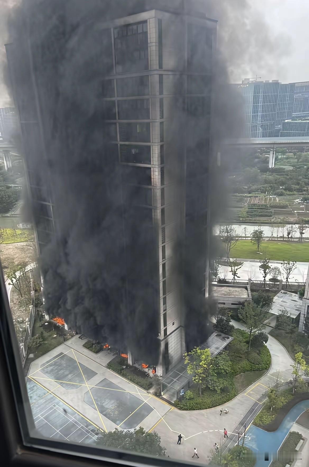 杭州有个楼失火了，原因是楼下架空层电动车着火了🔥而且火很大浓烟非常厉害，上面的
