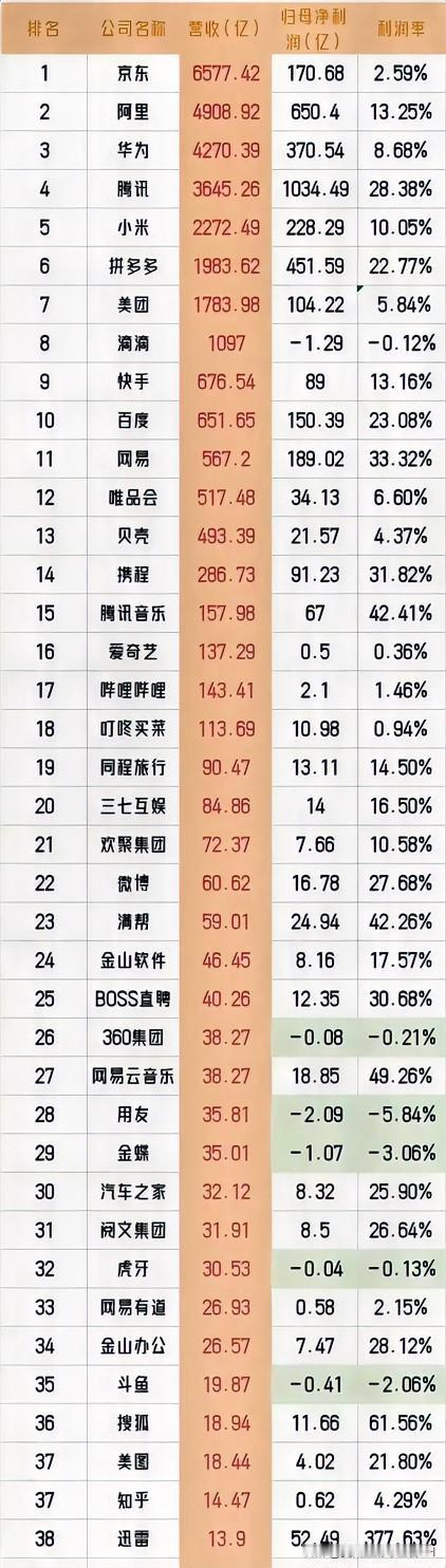 2025上半年互联网公司，营收利润排行榜！
京东绝对牛气，营收以6577亿勇拔头