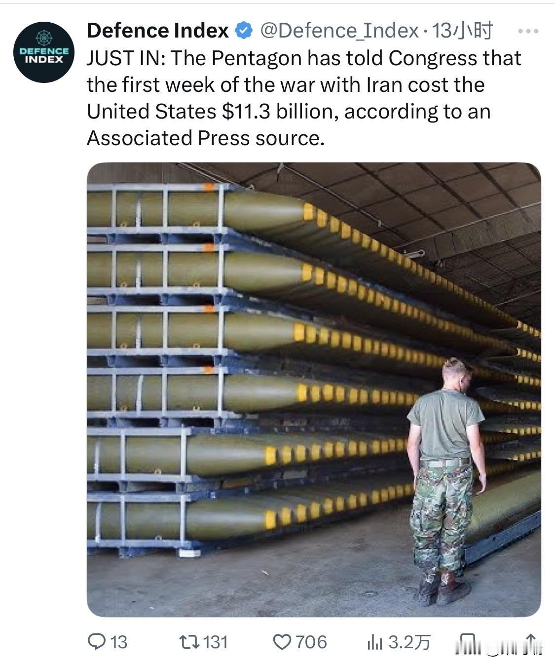 据美联社消息人士透露，五角大楼告诉国会，与伊朗开战的第一周就给美国造成了 113