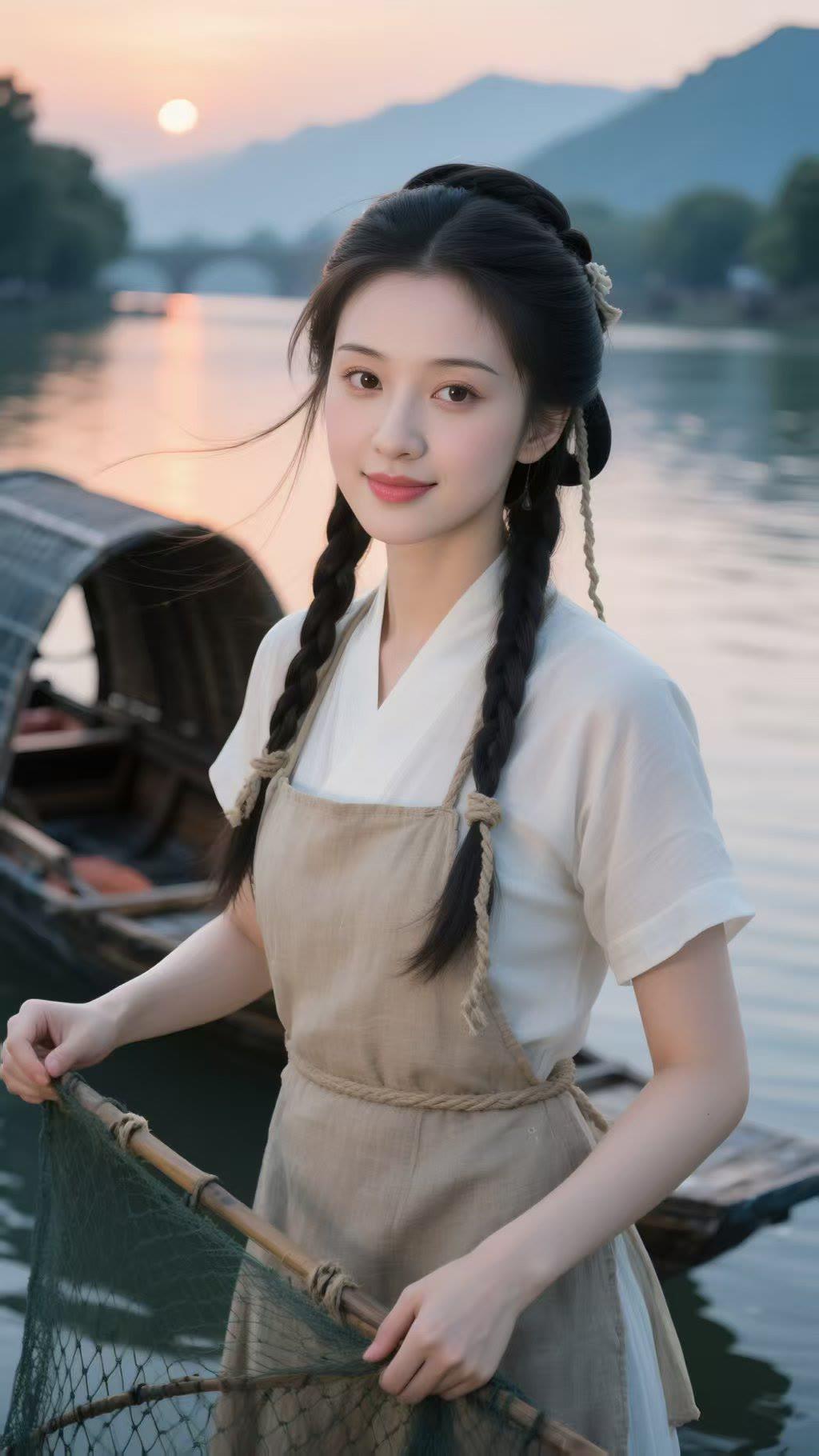 古风少女，河畔垂钓，静谧时光，唯美画面