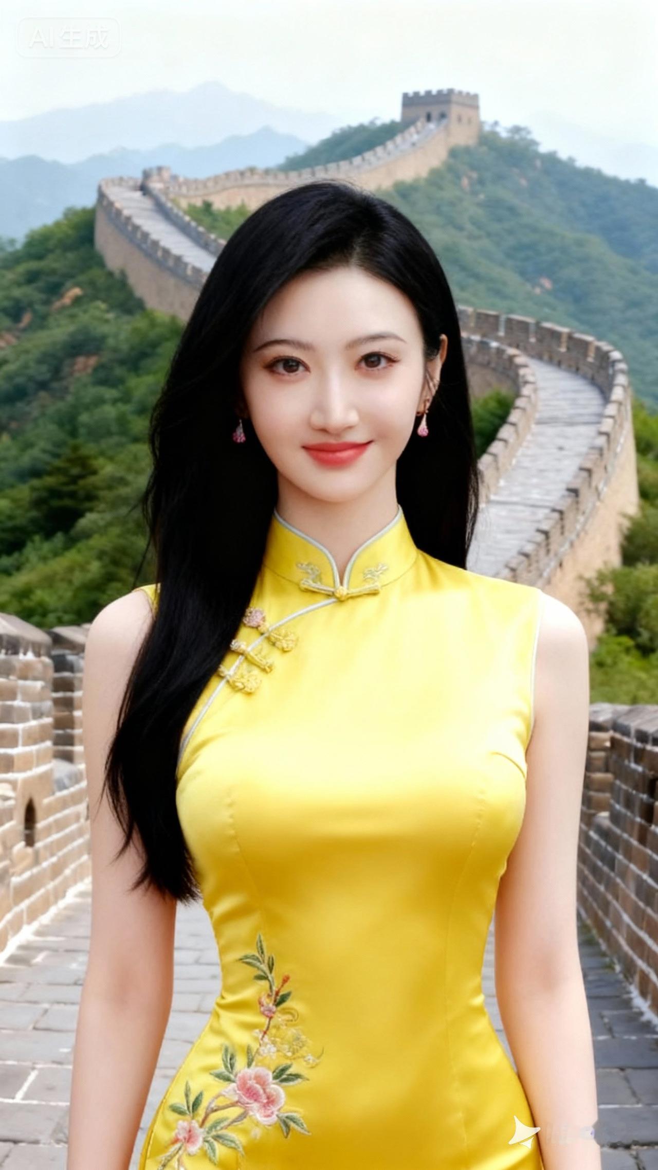 在长城上打卡，穿旗袍的少女与古老城墙的完美融合！📸👗🏰