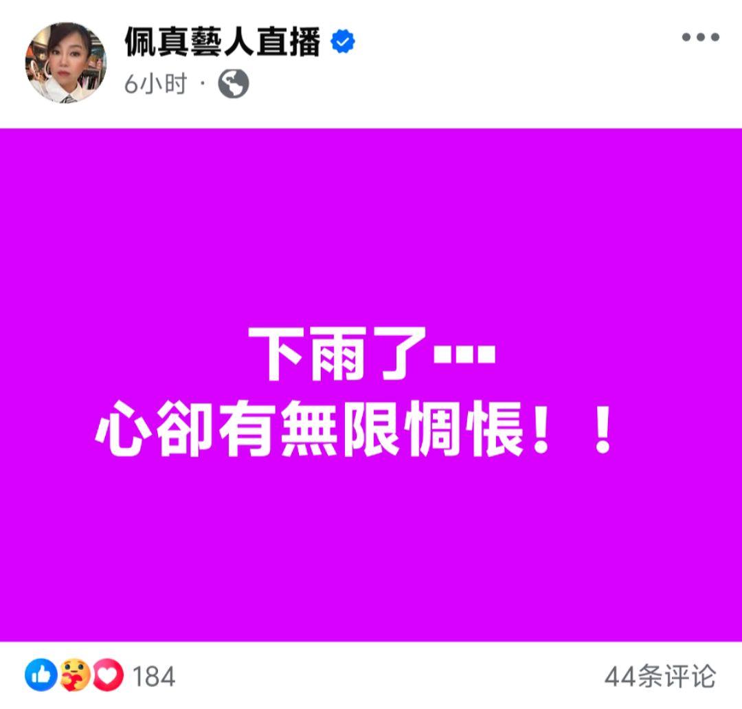 佩真稍早發文：「下雨了．．．心卻有無限惆悵！！」儘管未說明為哪件事情緒低落，仍引