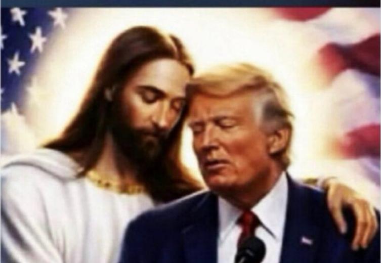 特朗普15日在真实社交上又发图了，是AI生成的“耶稣拥抱自己”的图片，与耶稣紧闭