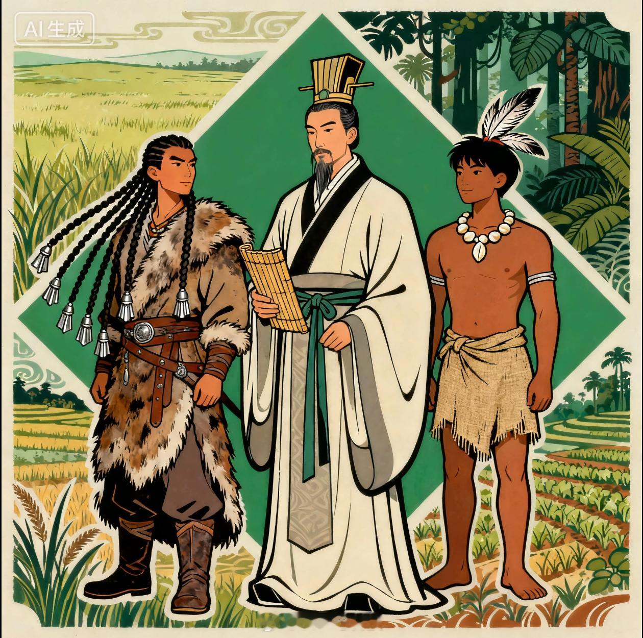 “北族辫发，南族断发，中原冠带”出自《列子》，描述中国古代不同地域的发式习俗：北