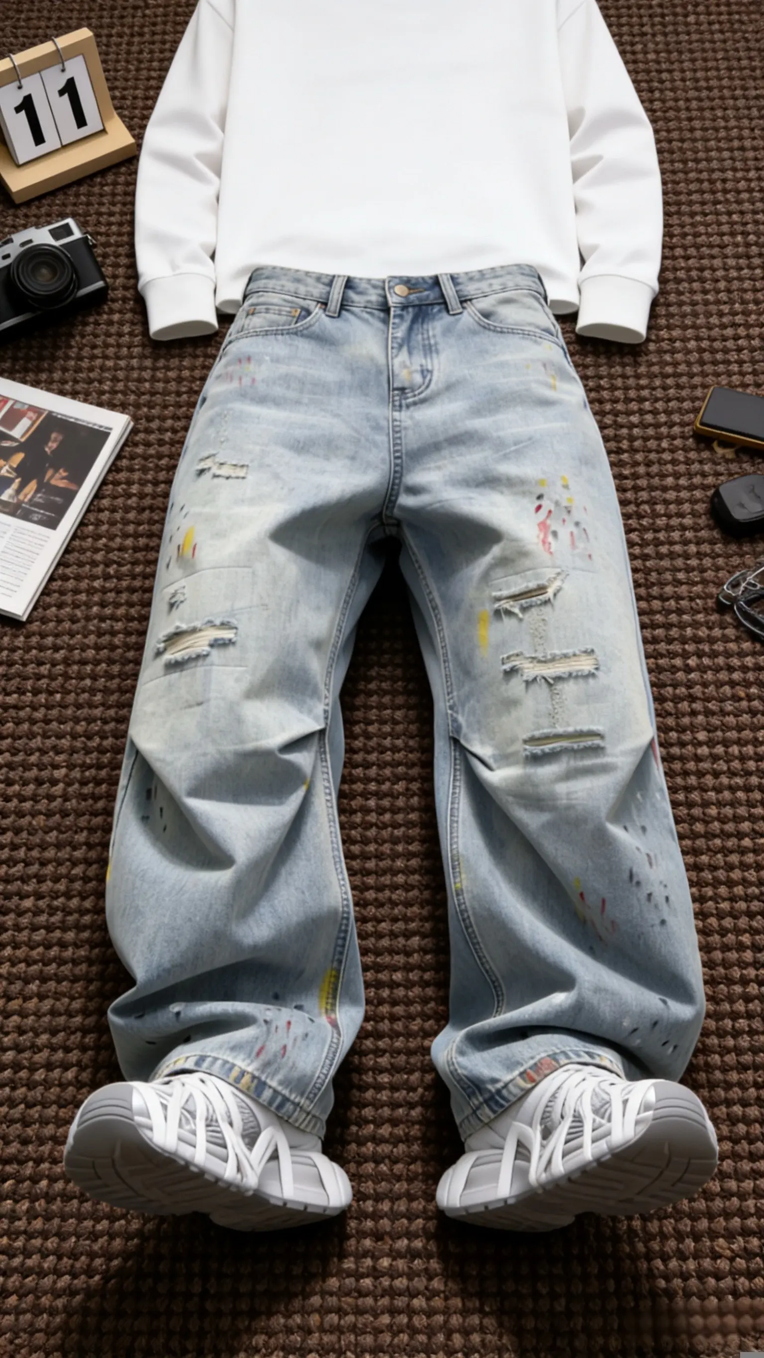 谁能拒绝这款春夏季破洞牛仔裤美式直筒宽松高街水洗做旧设计感涂鸦活力风男裤