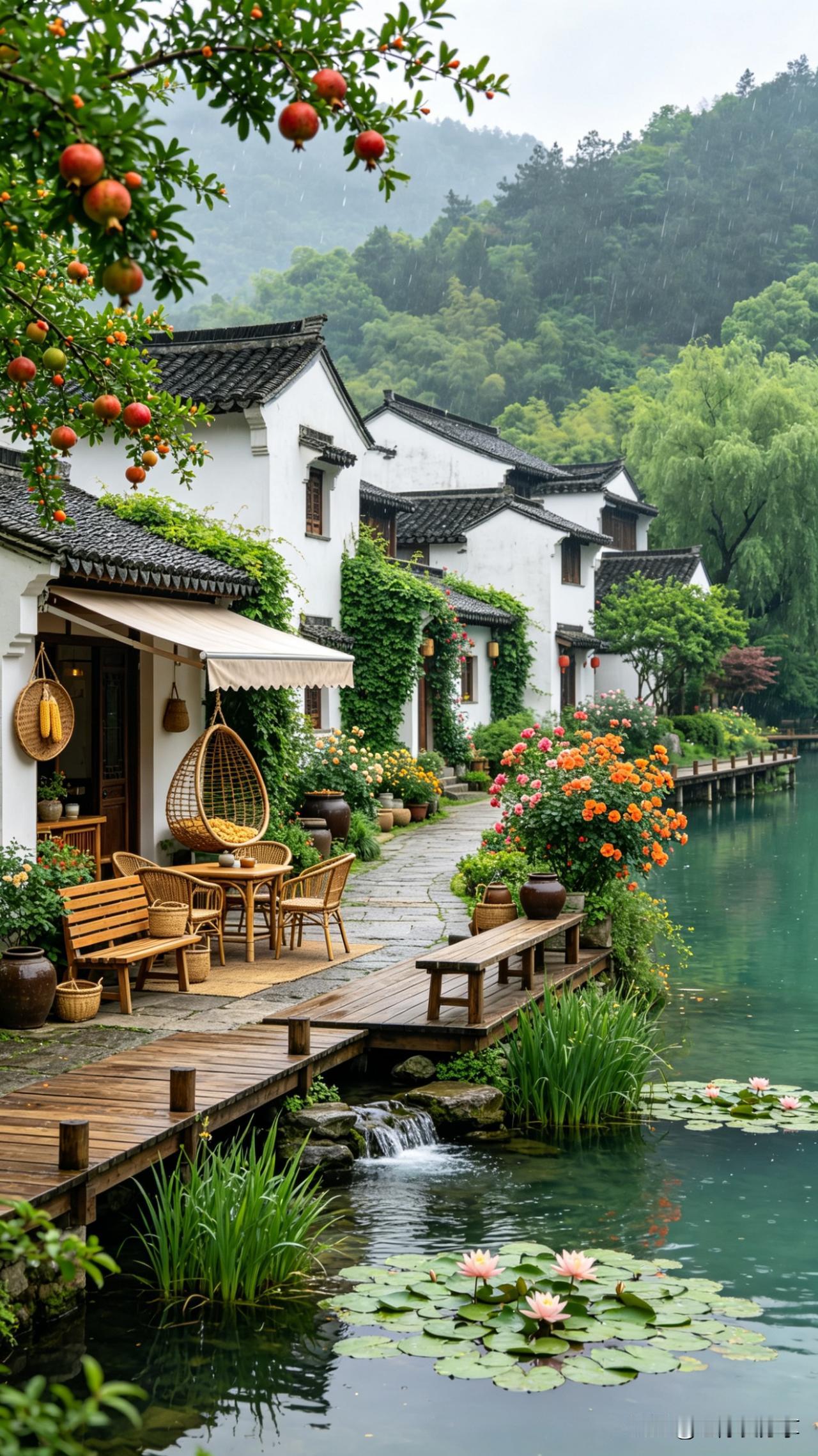 鹧鸪天·江南雨巷

白瓦青砖掩绿萝，榴花红透挂枝柯。
溪边木栈通幽处，水上莲房映