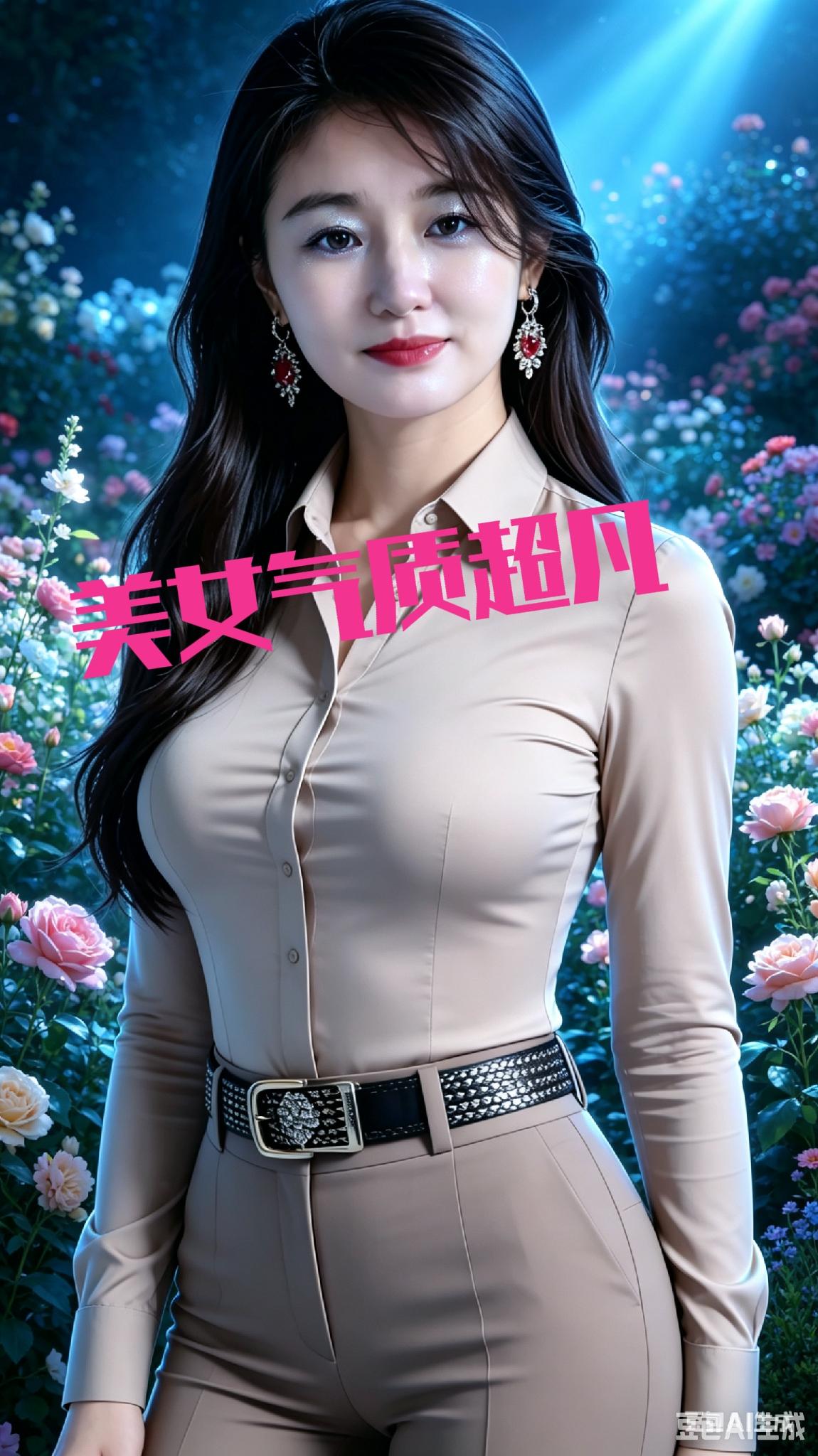 一身咖色正装穿，长发飘飘气质添。
腰带一系身姿俏，花海之中美出圈。