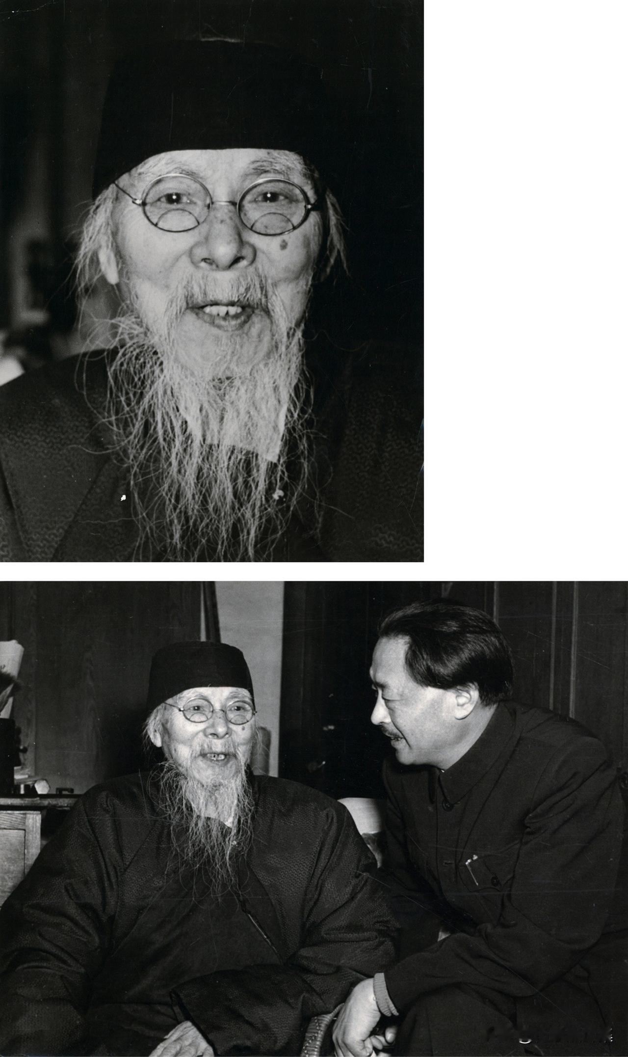 1954年，著名诗人、翻译家萧三拜访了国画大师齐白石的老照片。当时齐白石已年过九