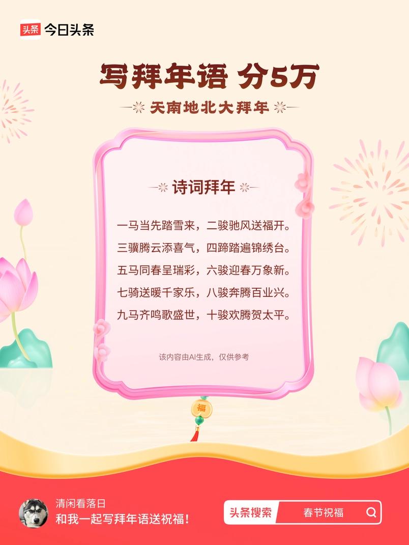 三骥腾云添喜气，四蹄踏遍锦绣台。 五马同春呈瑞彩，六骏迎春万象新。 七骑送暖千家