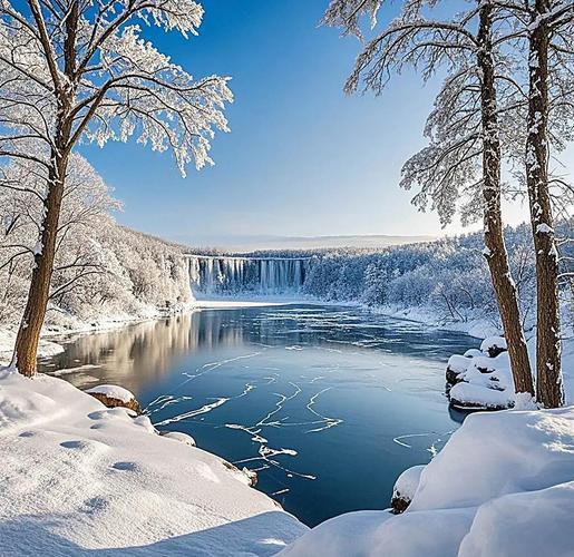 冬日仙境，冰瀑飞流，雪景如画。