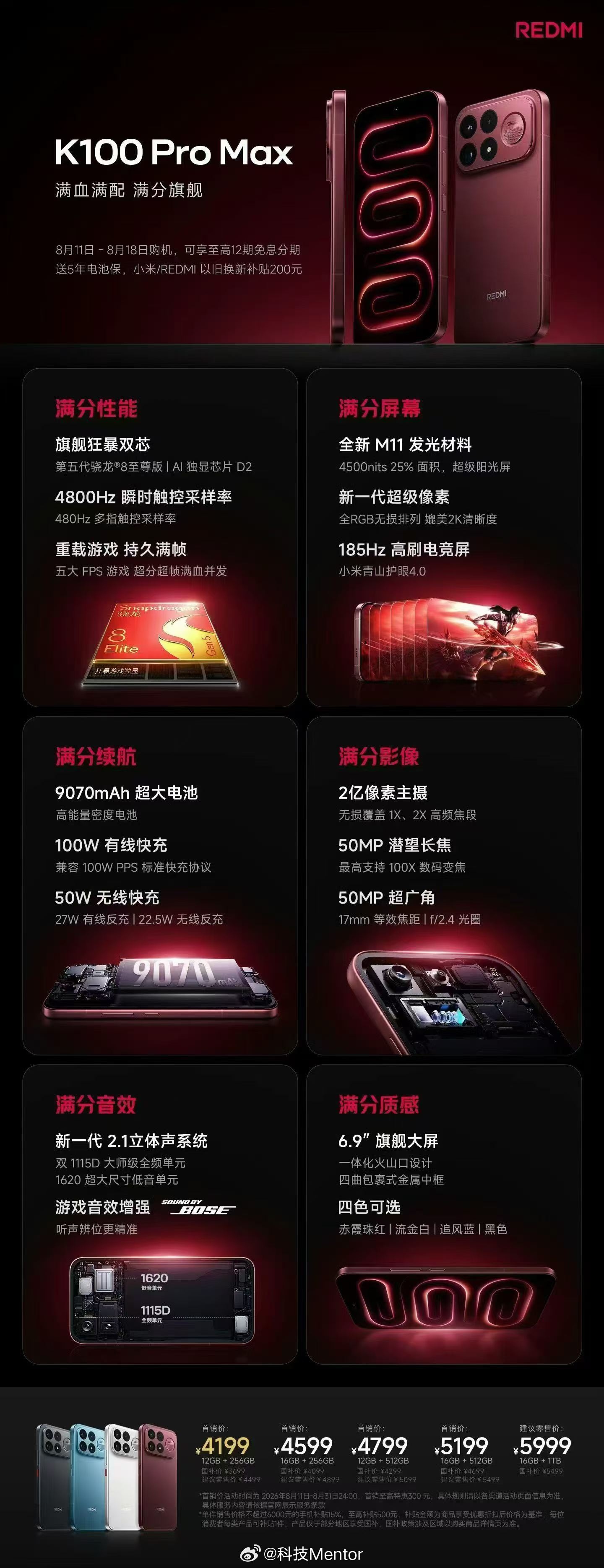REDMI K100 Pro：12GB+256GB，3699元/原价399916
