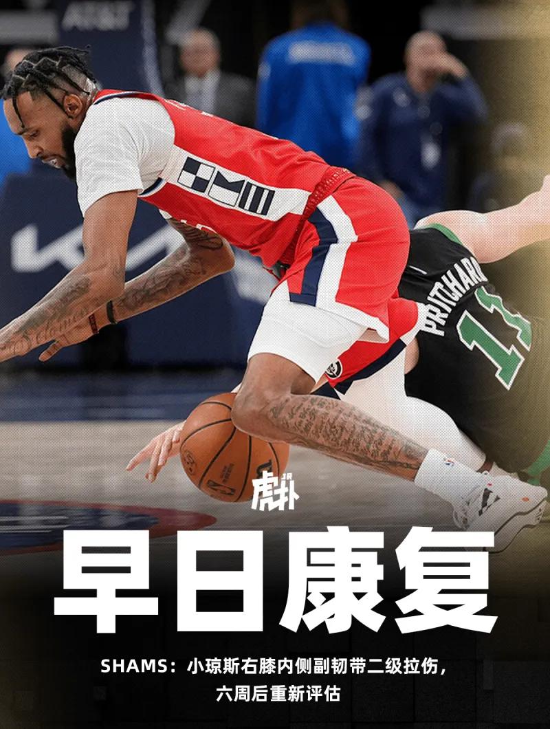 小琼斯的伤情诊断出来了，是右膝内侧副韧带二级扭伤，要在6周后接受重新评估。小琼斯