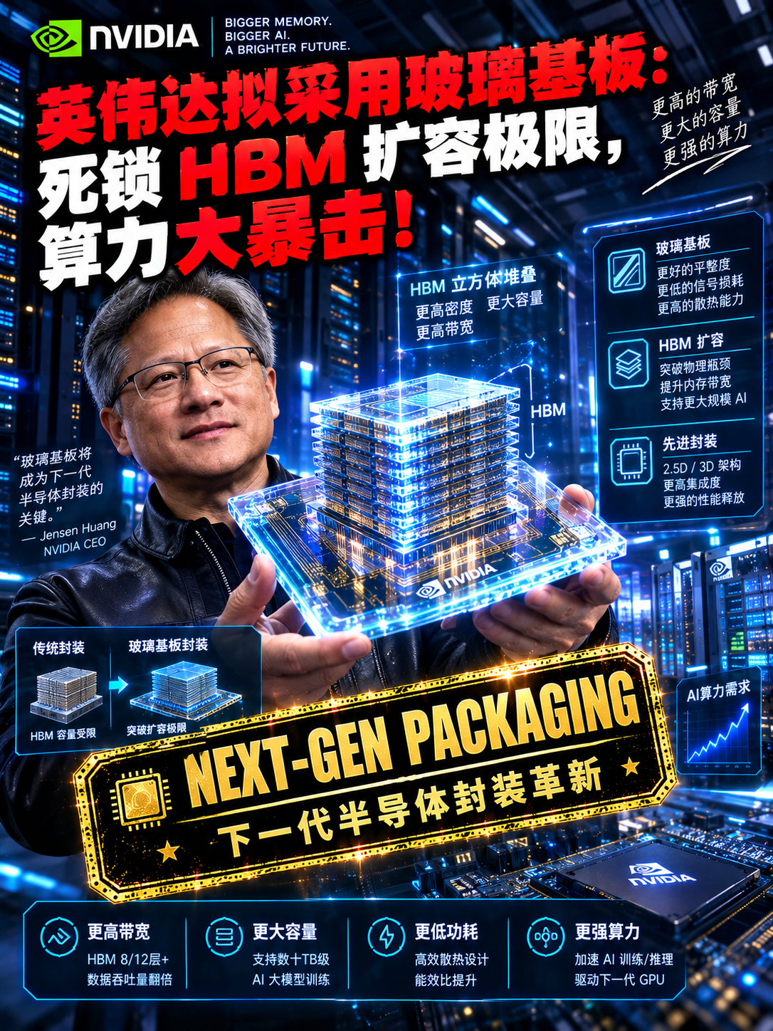 英伟达衡量换玻璃基板智能芯片堆叠更多HBM ​​​