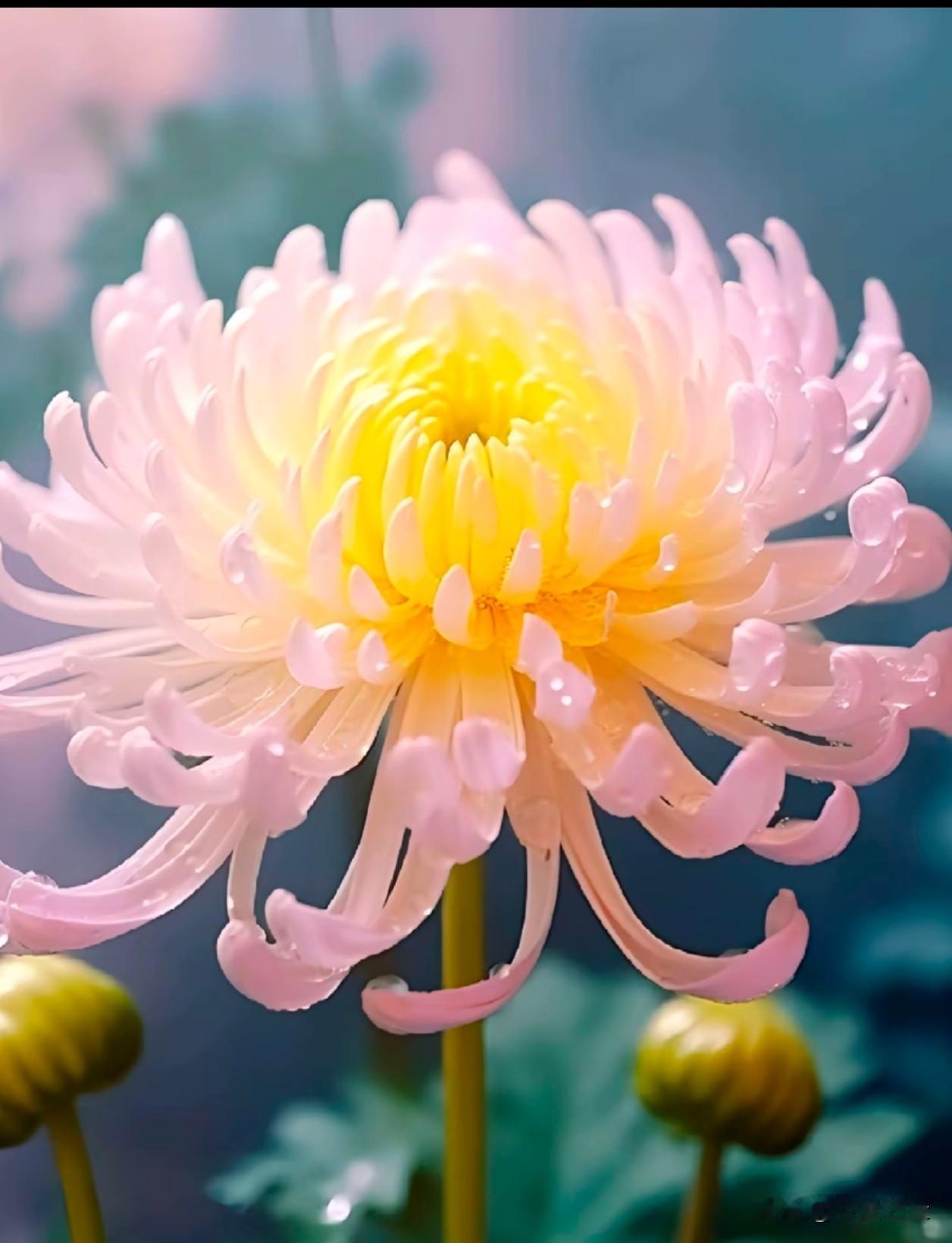浅粉、柔紫的丝菊缀满晶莹水珠，卷曲花瓣舒展得温柔又有力量，或静立青草地，或临水沐
