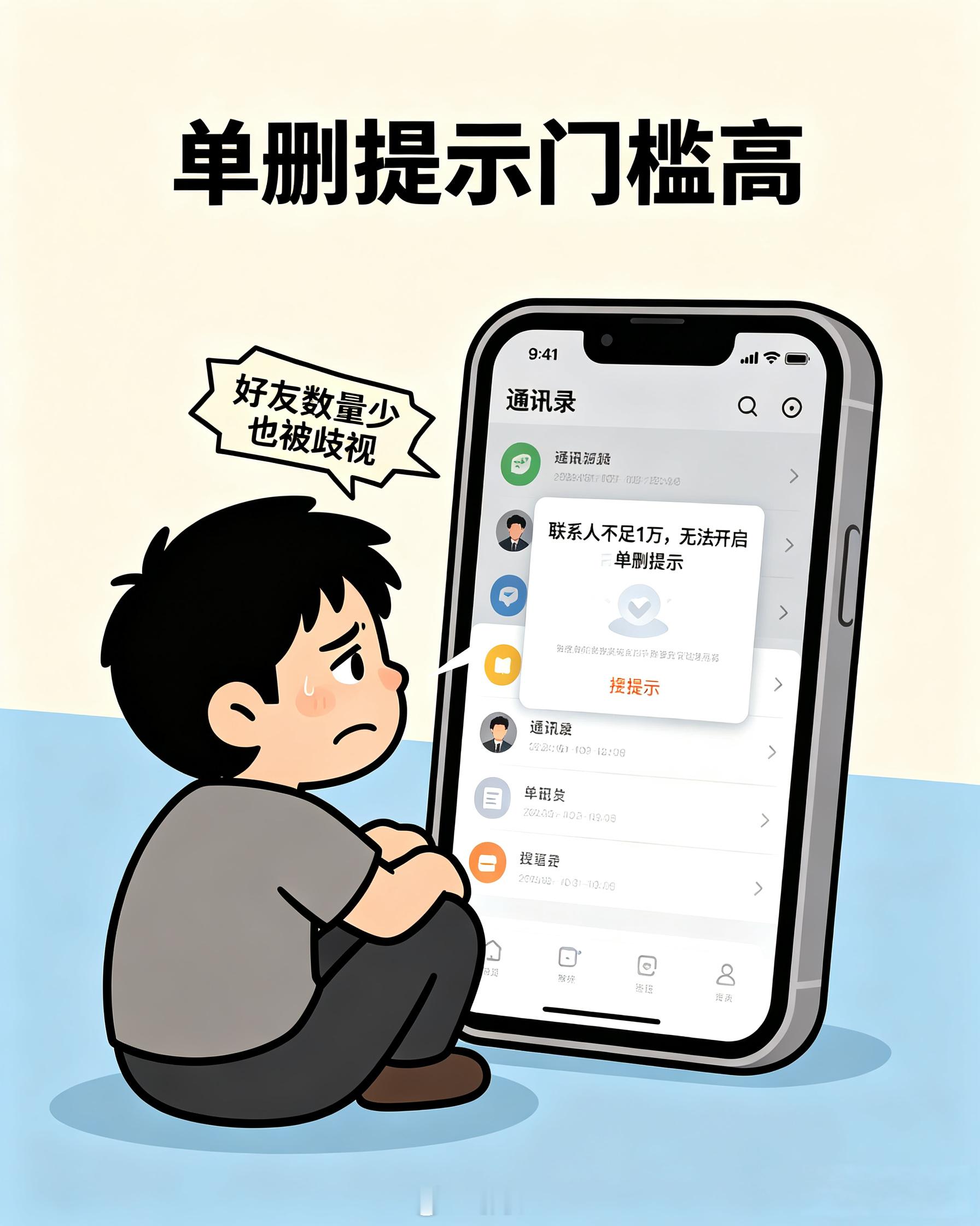 微信单删提示门槛高不是，你微信有这个功能就有这个功能呗。为啥还设置门槛呢？第一次