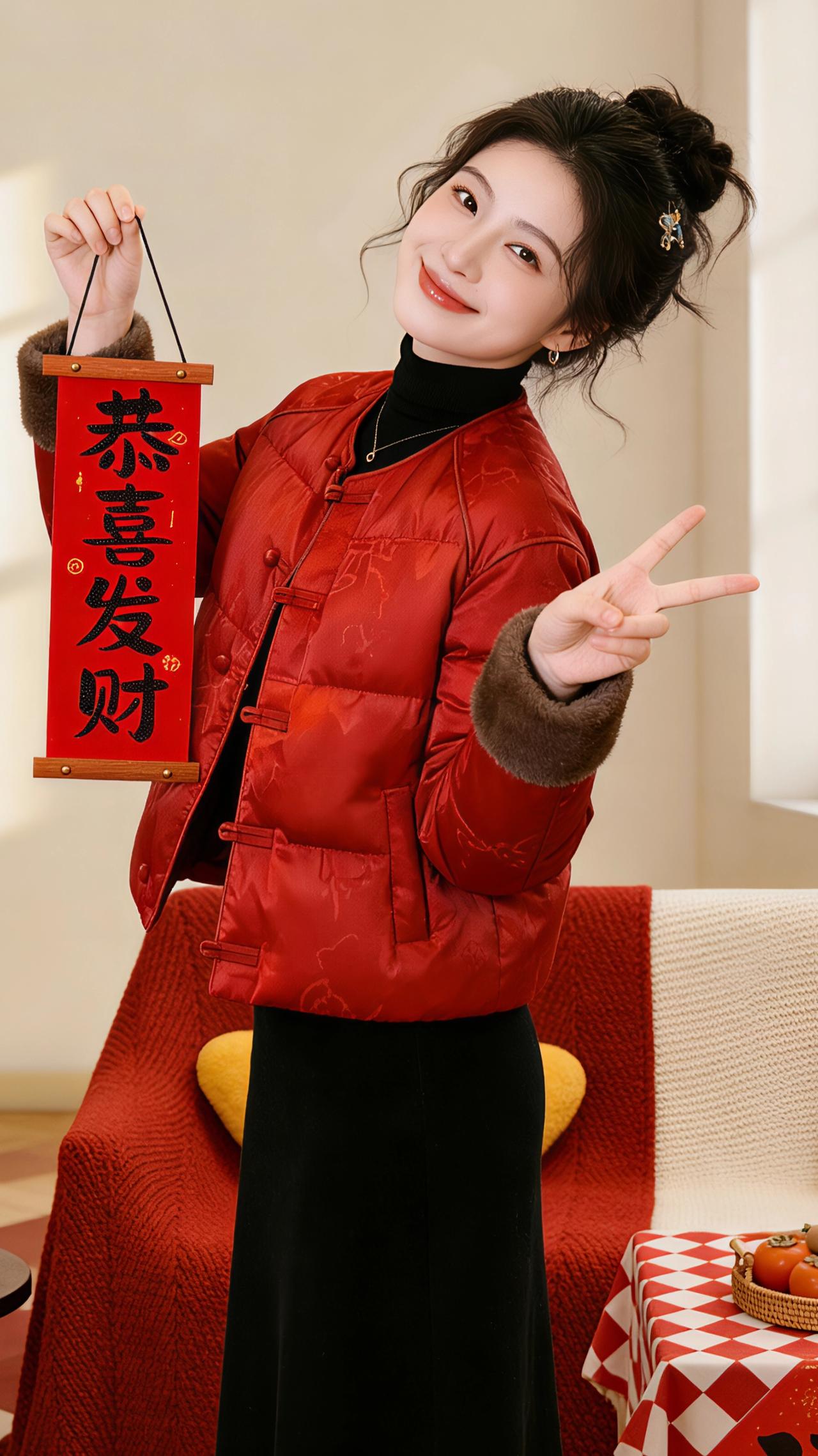 红袄映春
 
檐角的风还带着冬的料峭，屋里却已漾开马年新春的暖意。红袄上的盘扣泛