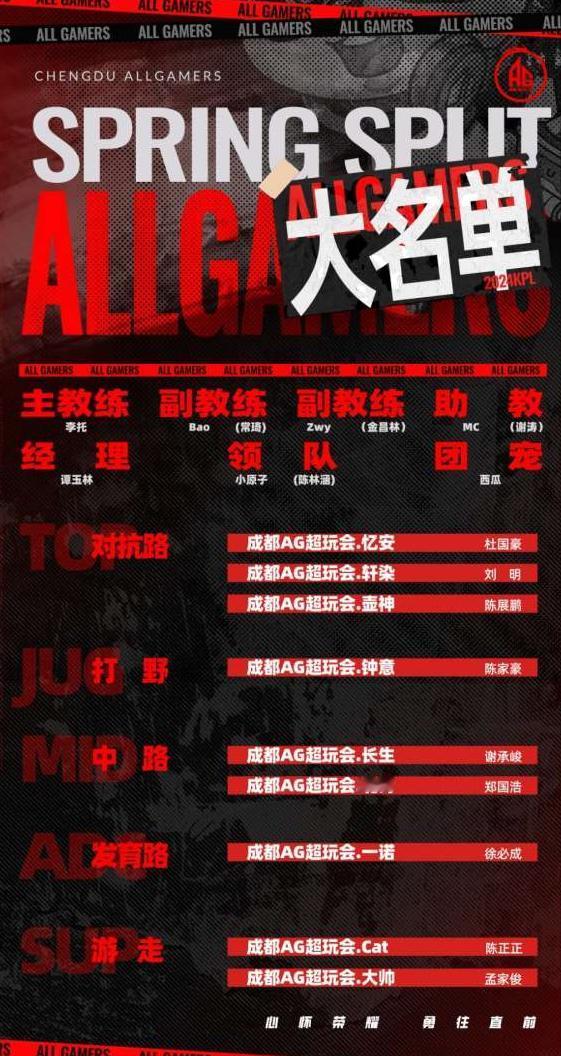 成都AG春季赛大名单老班底，没看点。
教练：奶茶，BAO成副教练，还有一个不知名