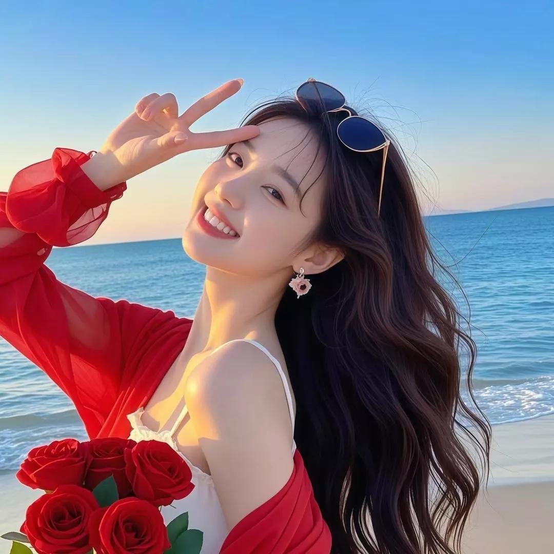 海边快乐时光，红裙与玫瑰的浪漫海边玫瑰夕阳 海滨玫瑰照 红裙户外照 海边香槟玫瑰